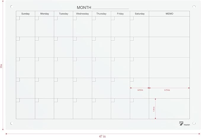 TOWON 47 x 35 Inch Large Glass Dry Erase Board, Magnetic Whiteboard Calendar, Monthly Planner Set, White
