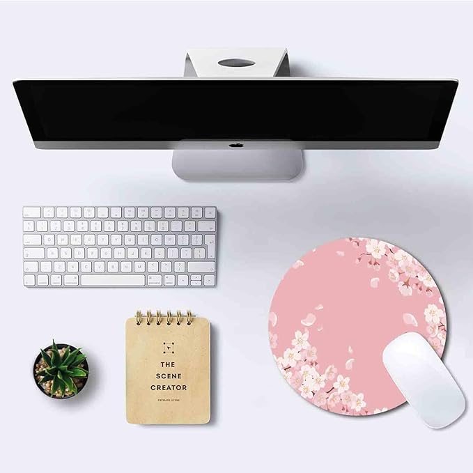 IMAYONDIA Cute Pink Mouse Pad, Floral Flowers Mouse Pad, Sakura Cherry Blossom Round Mousepad, Aesthetic Desk Decor, Anti Slip Rubber Base Mice pad for Computer Office Girl, 7.9 x 7.9 Inch