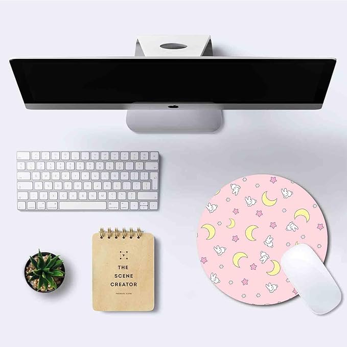IMAYONDIA Pink Kawaii Round Mouse Pad, Cute Moon Bunny Small Mouse Mat,Aesthetic Anime Mousepad for Women Kids Office Home School, Computer PC Laptop Pastel Mice Pad, 7.9 x 7.9 in