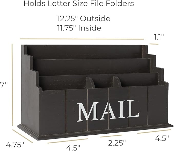 BLU MONACO Espresso Brown Wooden Mail Organizer | 3-Tier Rustic Desktop Mail Sorter for Kitchen Counter or Office | Wooden Letter Holder and Bill Storage Caddy | 12.5β x 4.5β x 7β Countertop Organizer
