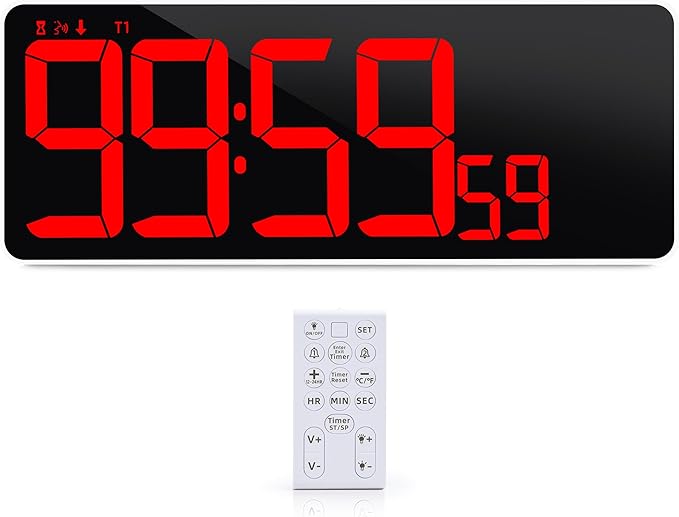 KMMKGG 13.7”Digital Timer Large LED Screen displays(5'' Number),The Date time, Remote Control, Turn on/Off 10 Seconds Countdown Voice Notification, for Chefs,Students, Children, Seniors