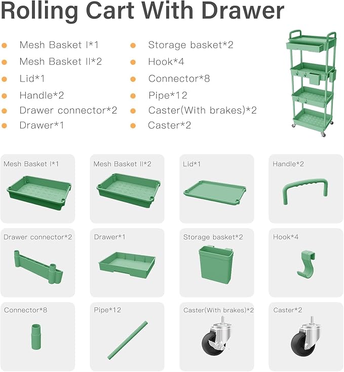 Sorgion 4 Tier Rolling Cart Organizer,Art Craft Diaper Bedside Snack Laundry Room Bathroom Organizer Narrow Thin Slim Rolling Trolley Utility Cart with Wheels for Kitchen,Office(Green)