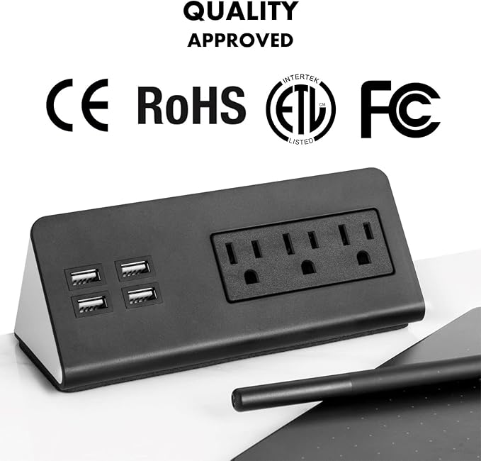 Kable Kontrol Desk Clamp Power Strip with 4 USB-A Ports, Nightstand Charging Station, 3 AC Outlets, Fast Charger, Easy Installation for Home, Offices, Hotels – 4.9 Ft, Black, 100 Pcs