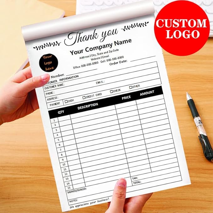 Personalized Invoice Book Custom 2 Part/3 Part Receipt Book Quote Estimate Order Forms Carbonless Form with Your Company Name Logo Address,2-10 Books (Style 13)