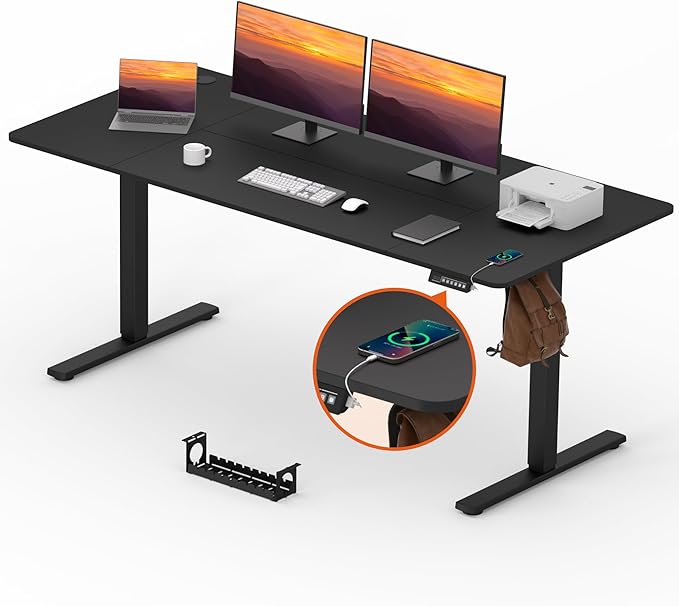 FitStand Adjustable Stand Up Desk, Large 71x31 Inches Height Adjustable Standing Desk with Cable Management, Home Office Computer Desk with Memory Preset & Charging USB Port & Sedentary Reminder