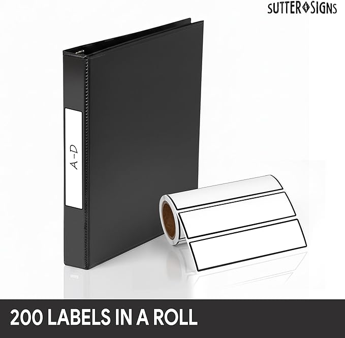 Binder Spine Labels, Perforated Self Adhesive Sticker Labels for 1.5 Inch Binders, 5 3/8" x 1 3/8", 200pcs, White with Black Border