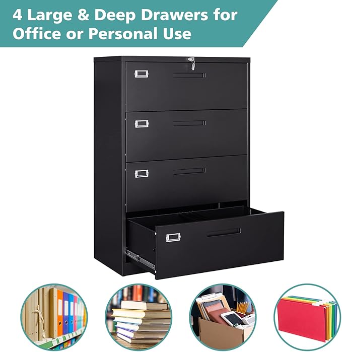 MIIIKO 4 Drawer Lateral File Cabinet with Lock, White Lateral Filing Cabinet, Large Deep Drawers Locked by Keys, Metal Storage File Cabinet for Hanging Files Letter/Legal/F4/A4 Size