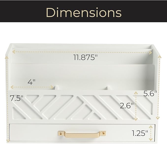 BLU MONACO White Wooden Mail Organizer With Drawer and Gold Handle | Desktop Storage for Home Office and Classroom | Multi-Section Letter Sorter | 4.6βD x 12.4βW x 7.5βH Tabletop Accessory Holder