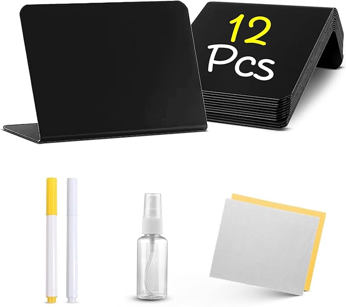 12 Pack Mini Chalkboard Signs for Food, 4โx3โ Small Reusable Chalk Board Signs w/Spray Bottle, Food Labels for Party Buffet, Table Signs for Wedding, Name Tags, Bakery