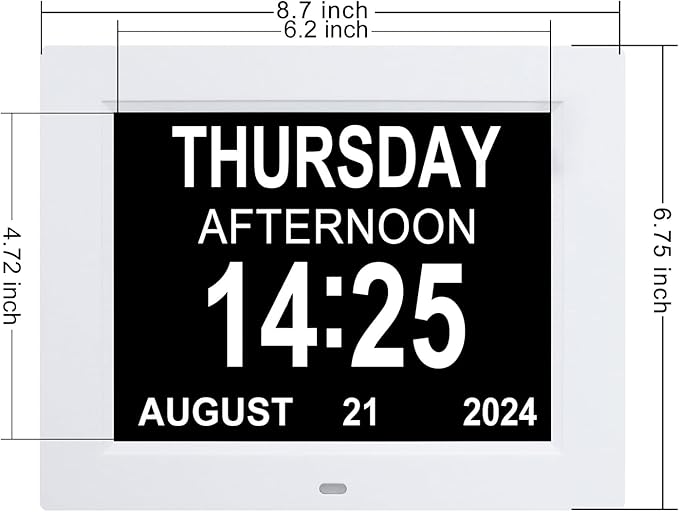 TMC 8 Inch Digital Dementia Clock for Seniors – Large Auto-Dimming Display with Date & Time, Multi-Language Calendar, 5 Alarms + Medicine Reminders – Wall or Desk Mount, Built-in Stand (White, SD)