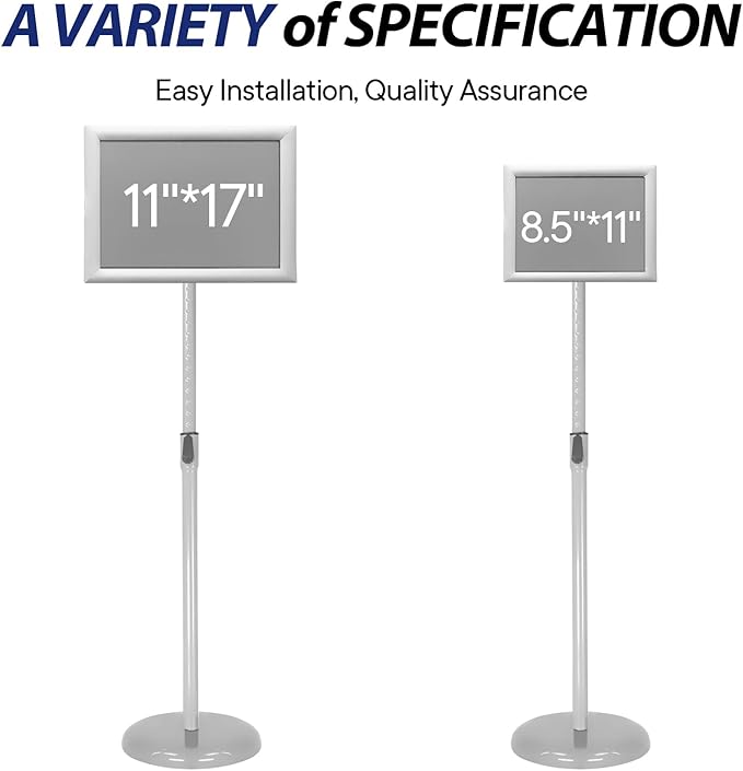 SENZHIYI Adjustable Poster Stand Holder Heavy Duty Snap Open Aluminum Pedestal Floor Standing Sign Holder Vertical and Horizontal View Sign Displayed, 11x17 Silver(2pack