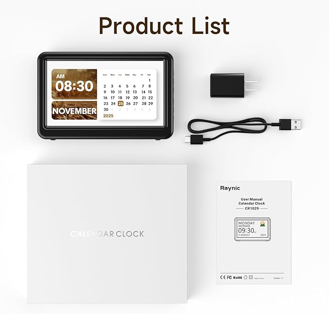 Raynic Date Clock, Digital Calendar Clock with 12 Themes, 20 Alarms, 20 Reminders, Semi-Automatic Dimming, 12/24 Hours, Auto DST for Desktop, Office, Students (Black, 7 Inches)