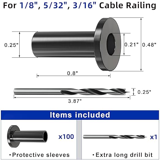 Steel DN Mate 100 Pack Stainless Steel Protector Sleeves for 1/8”, 5/32", 3/16" Wire Rope Cable, Black Cable Railing Kit Hardware for Wood Post, T316 Marine Grade DB58