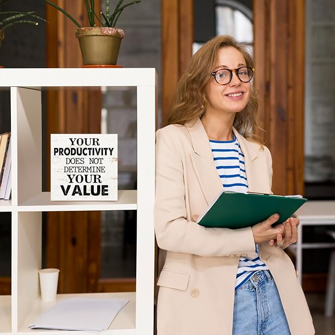 Your Productivity Does Not Determine Value Sign, Wooden Block Sign 5x5x1 INCH, Motivational Office Decor Mental Health Plaque for Desk Wall Shelf