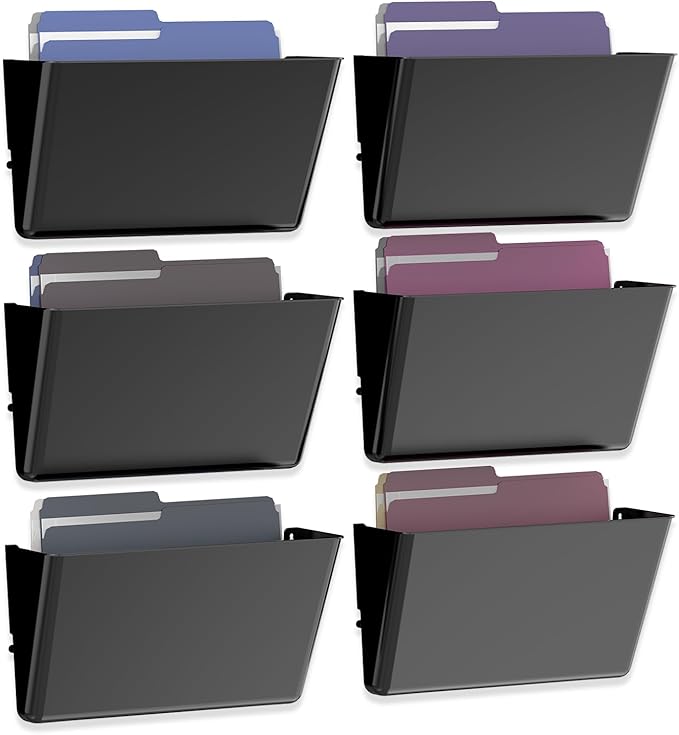 MINDEPOT 6 Pockets Acrylic Wall File Organizer, Clear Wall File Holder, Plastic Hanging Wall File Holder for Office, School and Home, Black