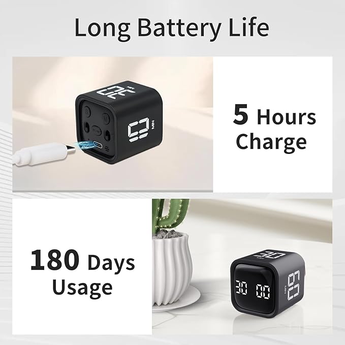 Productivity Timer Flip Gravity Sensor Cube Timer Countdown & Countup,Mute & Vibrate & Sound,5/10/30/60min & Custom Timing, Perfect for ADHD,Work,Learning,Kitchen Cooking (1Black)