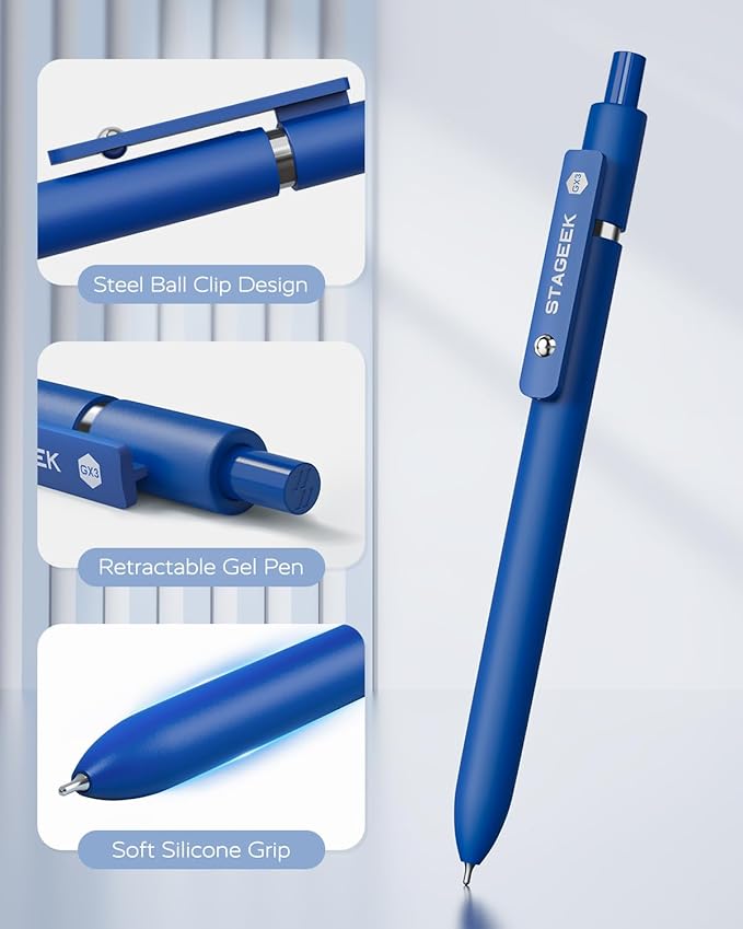STAGEEK Blue Gel Pens, 6Pcs Quick Dry Blue Ink Pens with 3 Extra Refills, Fine Point Retractable Smooth Writing Pens for Journaling, Office, Note Taking, School Supplies, Nurse Aesthetic(Blue)