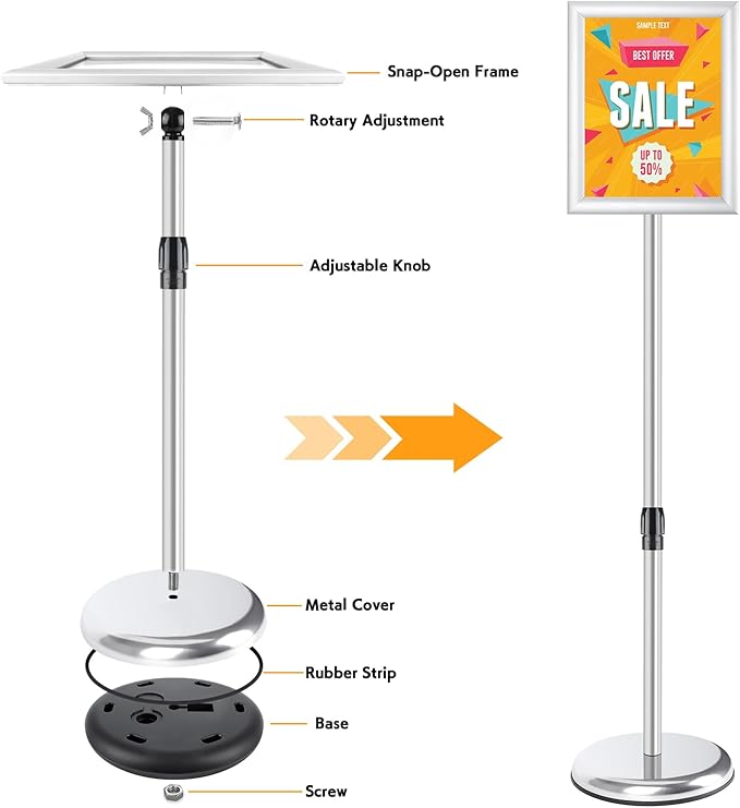 RedChili Adjustable Sign Holder Stand for 8.5x11 Inch Poster, Floor Standing Sign Holder With Snap-Open Aluminum Frame 360° Rotating Display Outdoor Indoor Signage Stand for Advertising (Silver, Sharp Corner)