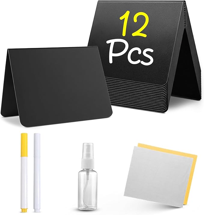 12 Pack Mini Chalkboard Signs for Food, 4โx3โ Small Reusable Chalk Board Signs w/Spray Bottle, Food Labels for Party Buffet, Table Signs for Wedding, Name Tags & Bakery w/ 2 Markers & Wiping Cloths