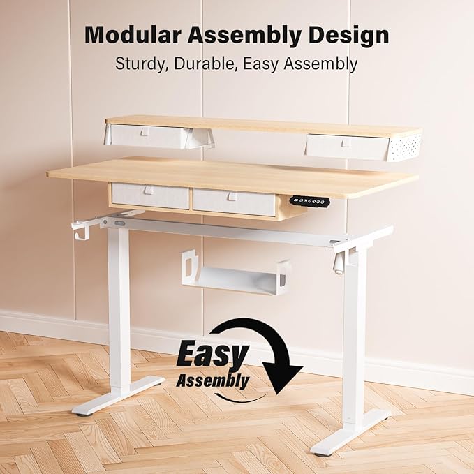 Kingant 48 x 24 Inch Electric Standing Desk with 4 Drawers, Height Adjustable Sit to Stand Computer Desk with Storage Shelf and C-Clamp Mount Compatibility for Home Office, Nature