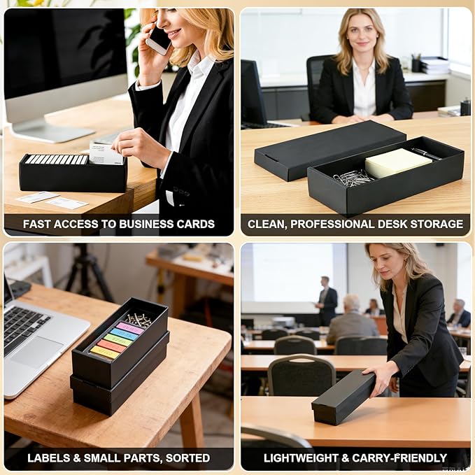 QLOUNI Business Card Storage Box 4 Pack, Business Card Holder Case with Lids, Holds 3200 Cards Total, 3-Layer Corrugated Desk Business Card Organizer, Black Card Index Photo & Office Supplies Storage