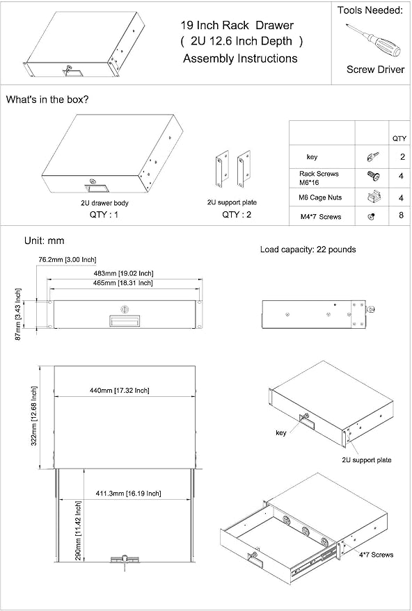 QiaoYoubang 2U Server Cabinet Case 19 Inch Rack Mount Lockable Drawer with Key, 12.6 Inch Depth (2U)