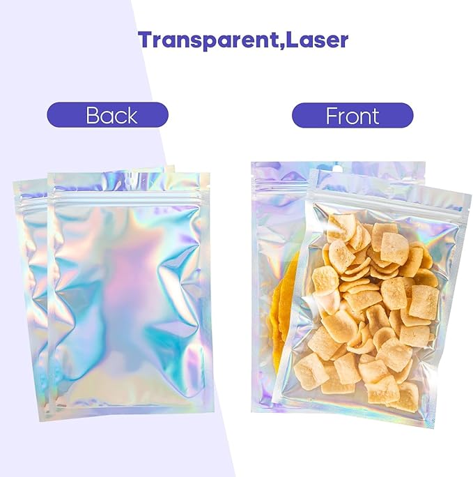 100Pcs Holographic Packaging Bags, 3.5x4.7 inch Resealable Foil Pouch Mylar Sample Bag Great for Small Business and Party