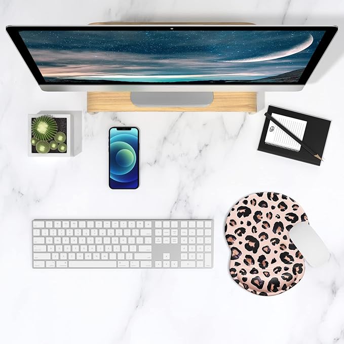 ITNRSIIET Ergonomic Mouse Pad with Gel Wrist Support Small Wrist Rest Smooth Surface Non-Slip PU Base Comfortable Office Supplies Pain Relief, 8.7 x 7.2 inches, Leopard Black Purple