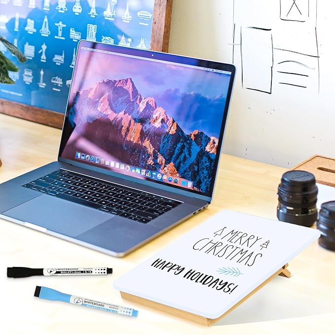 WALGLASS Desktop Glass White Board 11"x 8" with Reversible Wood Stand, Small Dry Erase Board, Portable Whiteboard for Desk, Reusable Desk Notepad with 2 Markers&Eraser for Home, Office