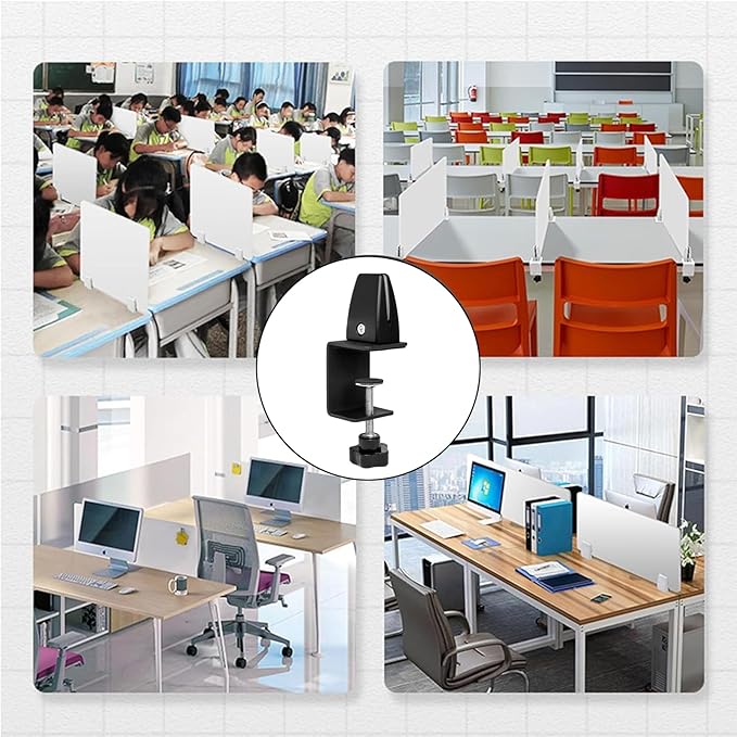 Heavy Duty Sneeze Guard Clamp For 0.1" to 1" Thick Panel,Desk Partition Support Clamps,Adjustable Aluminum Desktop Divider Holder,Easy to Install Desk Privacy Panel Clips, 4 Pack,Silver (Black)