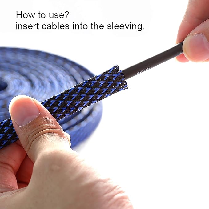 100ft - 3/8 inch PET Expandable Braided Sleeving – BlackBlue – Alex Tech Braided Cable Sleeve