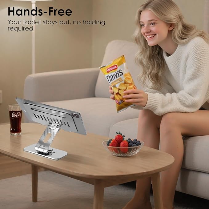 Gorablix Tablet Stand for Desk, 360° Swivel for iPad Holder, Aluminum Adjustable Tablet Holder, Compatible for iPad Pro Air Mini Surface Pro Samsung Galaxy Tabs Kindle, 4-12.9 inch, Silver