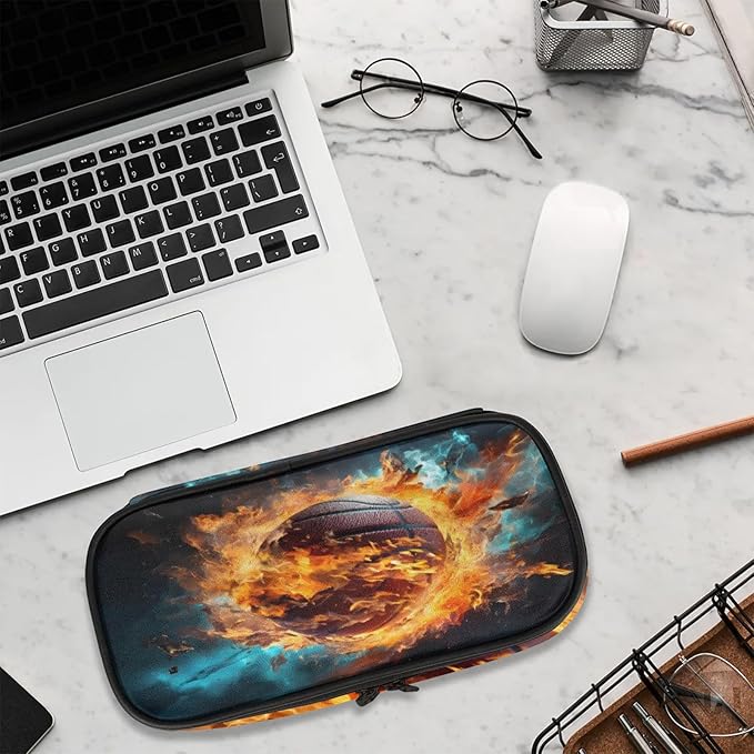 Pardick Pencil Case,Basketball Fire Big Capacity Pencil Pouch Coin Pouch Stationery Organizer For Teen School