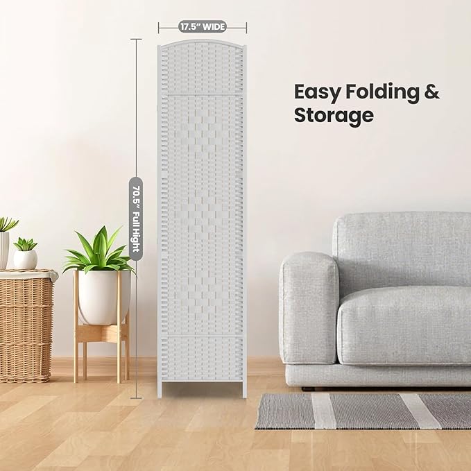 Cocosica 4 Panel Room Divider,6Ft Folding Privacy Screen,Tall - Extra Wide Foldable Panel Partition Wall Divider with Diamond Double-Weaved Hand-Woven Design Room Screen Divider(White)