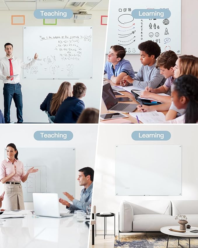 VUSIGN Magnetic Glass Dry Erase Board, 36" x 48" Large Frameless Glass Board for Wall Mounted, Frosted Surface White Board Includes Magnets, Markers, Eraser and Tray for Office, School, Home
