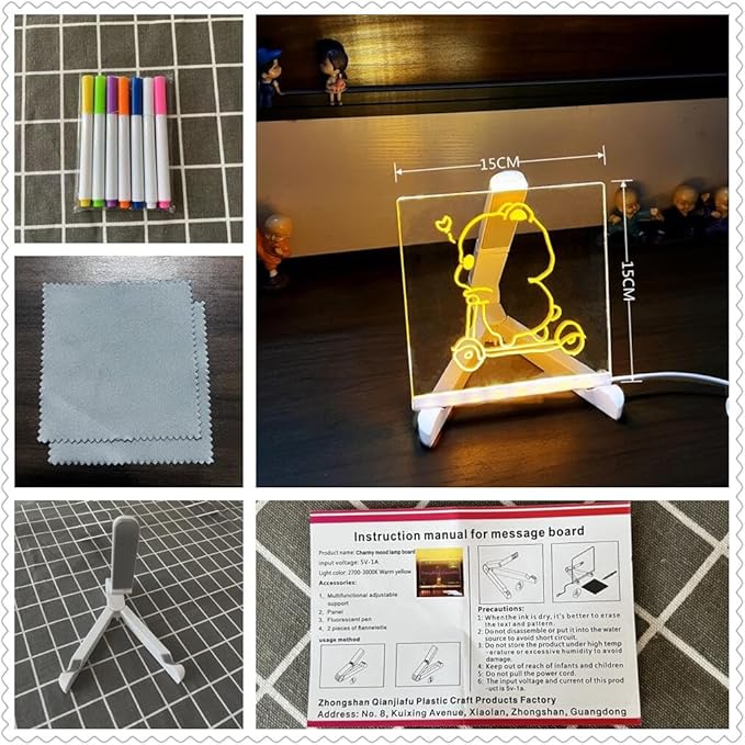 CAPOT Acrylic Dry Erase Board with Light 5.9 X 5.9” Light up Dry Erase Board with Stand as a Glow Memo LED Letter Message Board Led Note Board White Board with 7 Color Pen for Office School Home
