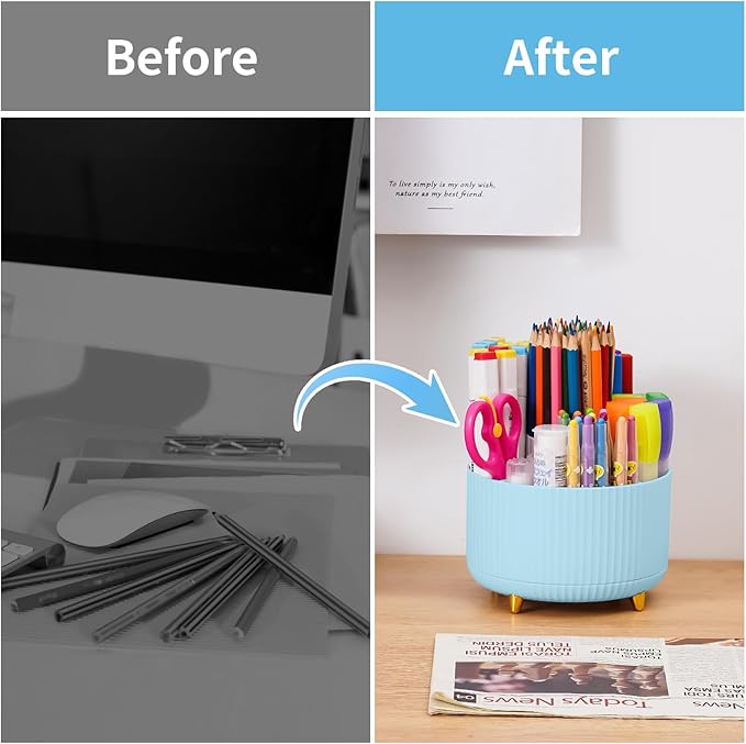 Marbrasse Desk Organizer, 360-Degree Rotating Pen Holder, Desk Organizers and Accessories with 5 Compartments Pencil Holder, Art Supply Storage Box Caddy for Office, Home(Light Blue)