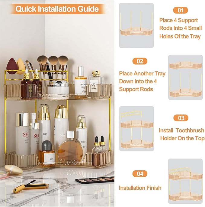 SUNZOS Corner Bathroom Counter Organizer, 2-Tier Countertop Makeup Organizer with Makeup Brush Holder for Dresser, Vanity Perfume Tray for Corner Storage