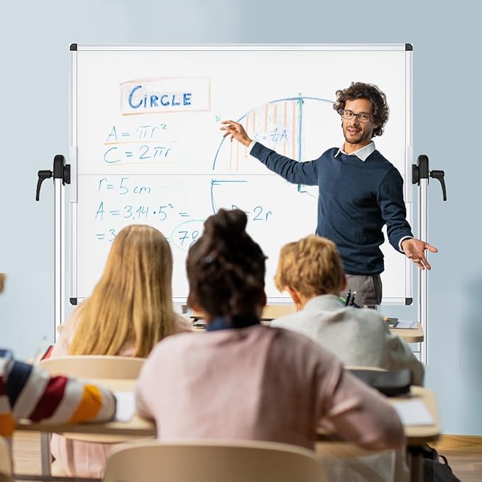 VIZ-PRO Double-Sided Mobile Whiteboard, 48 x 36 Inches, Magnetic Rolling Dry Erase White Board on Wheels with Aluminium Frame and Stand