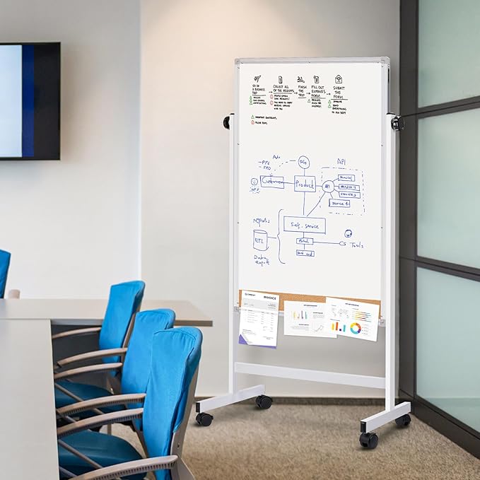 maxtek Rolling White Board, 44x28 Inches Magnetic Cork Board Combo, Portable Double-Sided Dry Erase Board on Wheels, Height Adjutable Easel Board for Home, School, Office