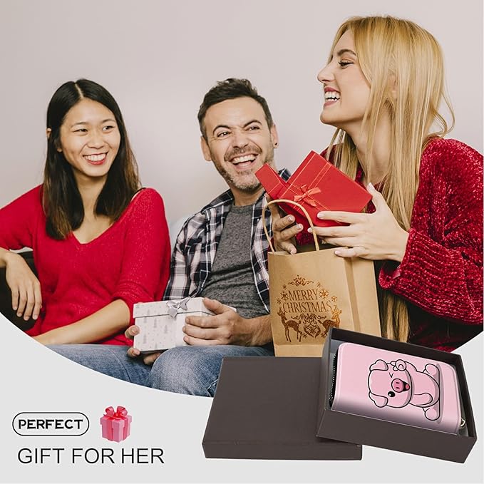 BWEGRHE Cute Credit Card Holder with Zipper, Pink Pig RFID-Blocking Card Case Small Wallet for Women Men, Multi-slot Card Organizer Case Travel Accordion Wallet