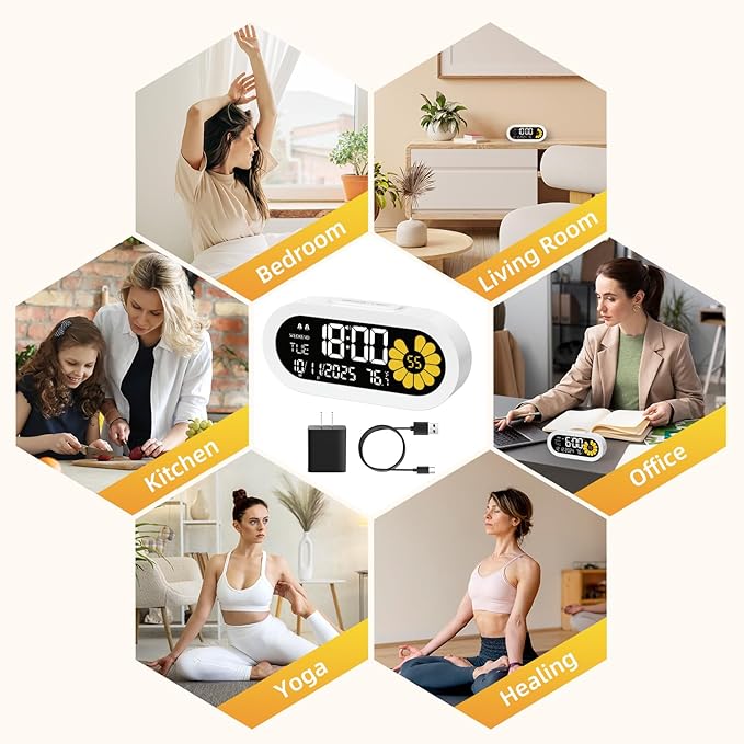 DOOMAY Digital Alarm Clock for Bedroom: Dual Alarm Bedside Clock VA LCD Display with Seconds, 9-Minute Snooze and Weekend Mode, 3 Brightness, 4 Alarms and 3 Volume Levels,Type C & Battery Included