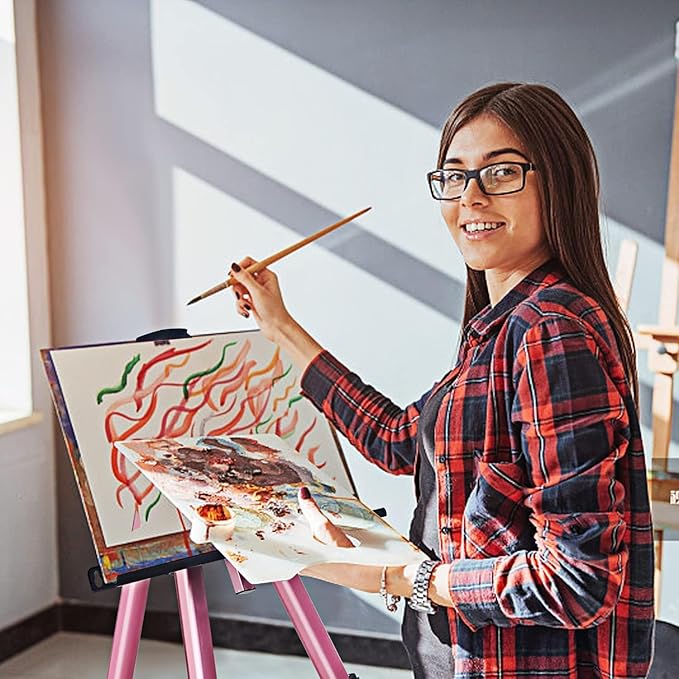 RRFTOK Artist Art Painting Easel Stand, Aluminum Metal Adjustable Easel for Painting Canvases Height from 17 to 66 Inch,Carry Bag for Table-Top/Floor Drawing,Painting and Displaying(2pack,Pink)