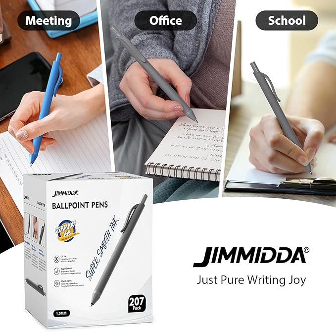 JIMMIDDA Pens Bulk, 207 Pack Ballpoint Black & Blue Ink, 1.0MM Medium Point Wholesale Retractable for Smooth Writing, Quick Drying No Bleed Journaling for Office School Supplies Home Work