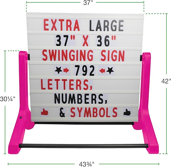 Swinging Changeable Message Sidewalk Sign 36″ x 37″ – Outdoor Advertising Sign Board with 792 Pre-Cut Double-Sided Letters & Storage Box – Heavy-Duty, Rust-Resistant Sidewalk Display for Businesses & Events (Pink Legs)