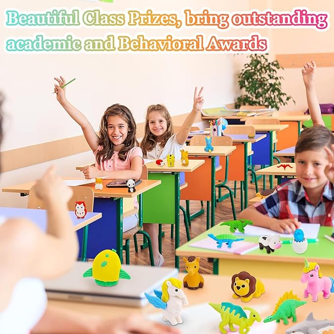 URSKYTOUS 150Pcs Animal Erasers Kids Desk Pets Pencil Erasers 3D Puzzle Bulk Mini Animal Food Eraser Toys Fun Cute Eraser for Classroom Rewards, Game Prizes, Treasure Box, Easter Egg Fillers