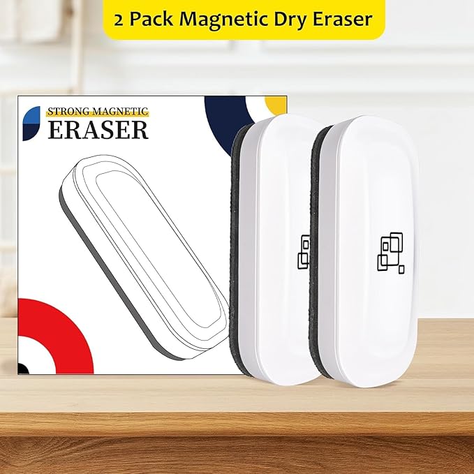 Maxtek Magnetic Dry Erase Eraser, 2 Pack, for Glass Board, Calendar, Whiteboard, Office and School Supplies (Pure White)