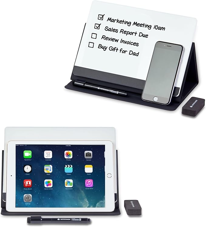 Note Tower LED Color Changing Desktop Whiteboard with Premium PU Leather Stand | Mood Enhancing & Productivity Boosting Dry Erase Light Up Board for Desk | Office, Home, School | Remote & App Control