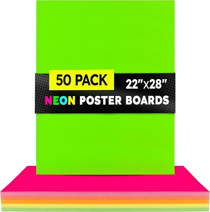 Hygloss Large Poster Board 22x28 - 50 Assorted Neon Color Poster Boards Bulk Pack - 10 Pt. Thickness Colored Poster Board Paper for Projects, Signs, Displays, Crafts - Posterboard Multipack 22" x 28"