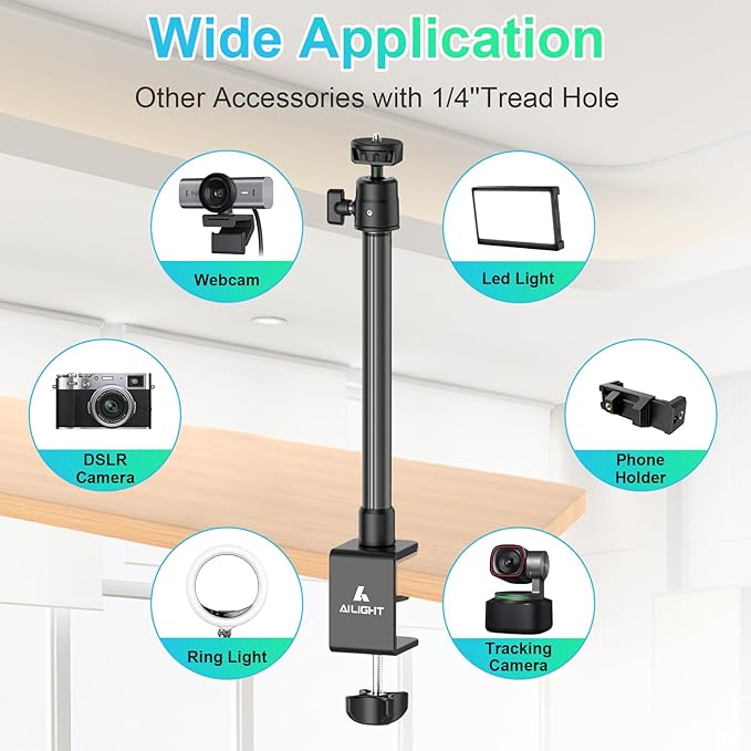 Ailight Camera Desk Mount Webcam Stand, Adjustable Table Camera Stand with 1/4" Screw & C Clamp Overhead Tripod Webcam Mount for Logitech Obsbot insta360 Anker and Others